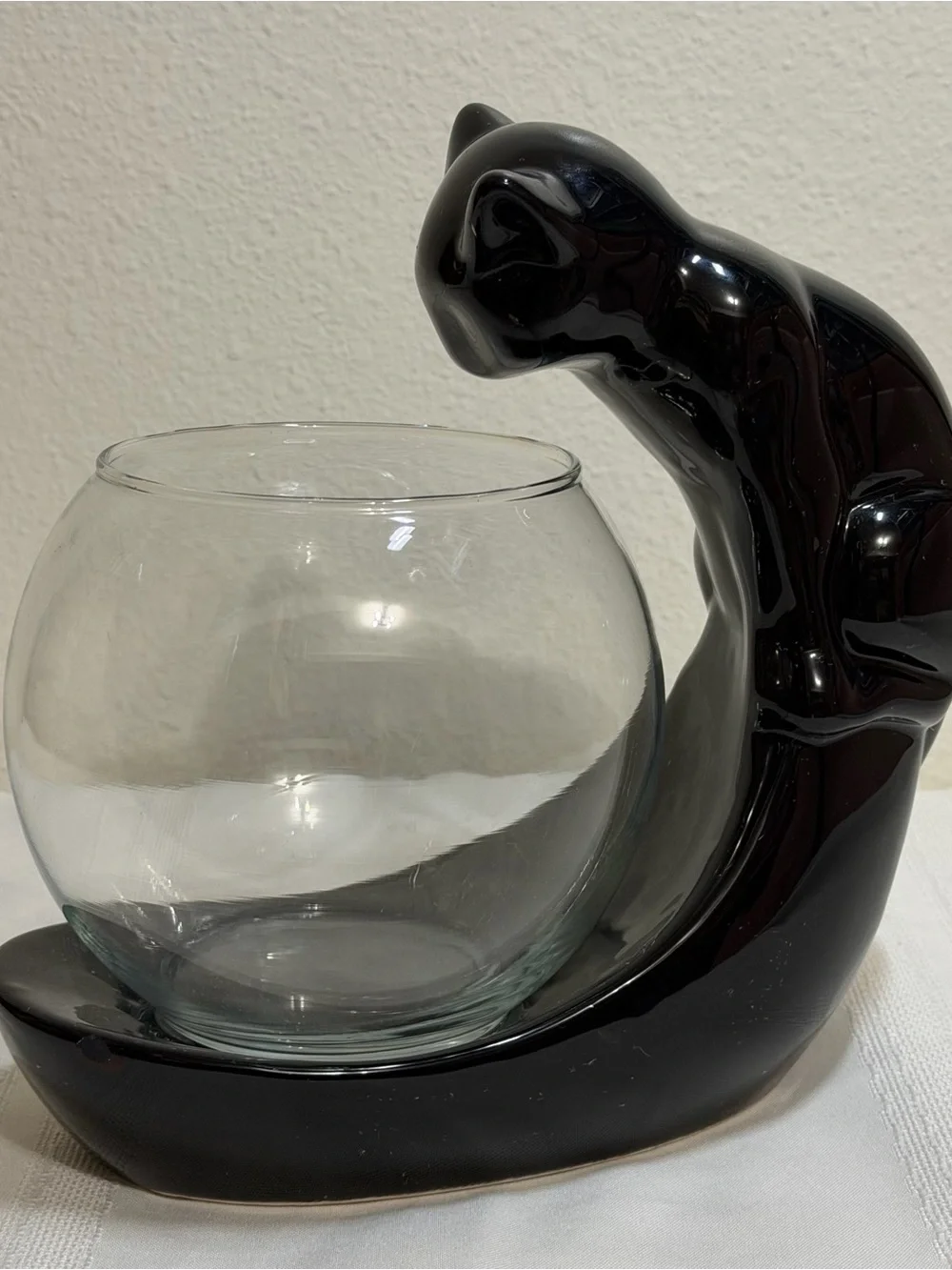Mid Century Modern Ceramic Black Cat Staring Into Fish Bowl